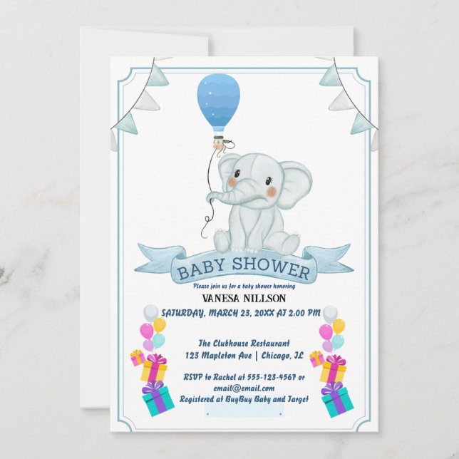 Invitación de Fiesta de Bebé Globo de Elefante (Anverso)