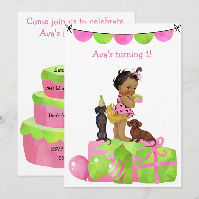 Invitación de fiesta de bebé latina niña Dachshund (Anverso / Reverso)