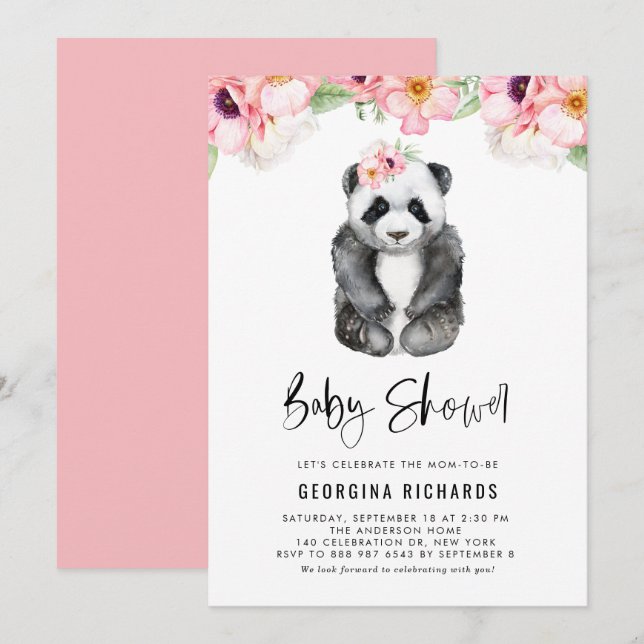 Invitación de Fiesta de Bebé Panda de Acuarela con (Anverso / Reverso)