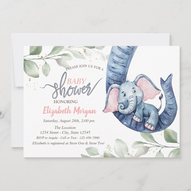 Invitación de fiesta de bebé para elefante niña (Anverso)
