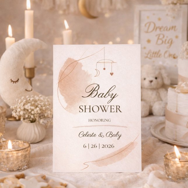 Invitación de fiesta de bebé para paisaje onírico  (Celestial nursery themed baby shower layout with moon mobile and soft taupe brush accents)