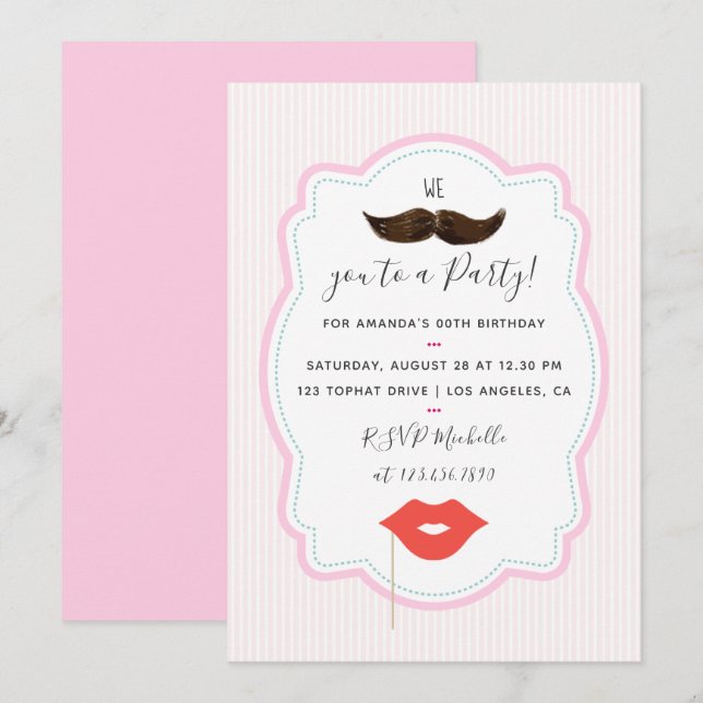 Invitación de fiesta de bigote rosa para niñas (Anverso / Reverso)