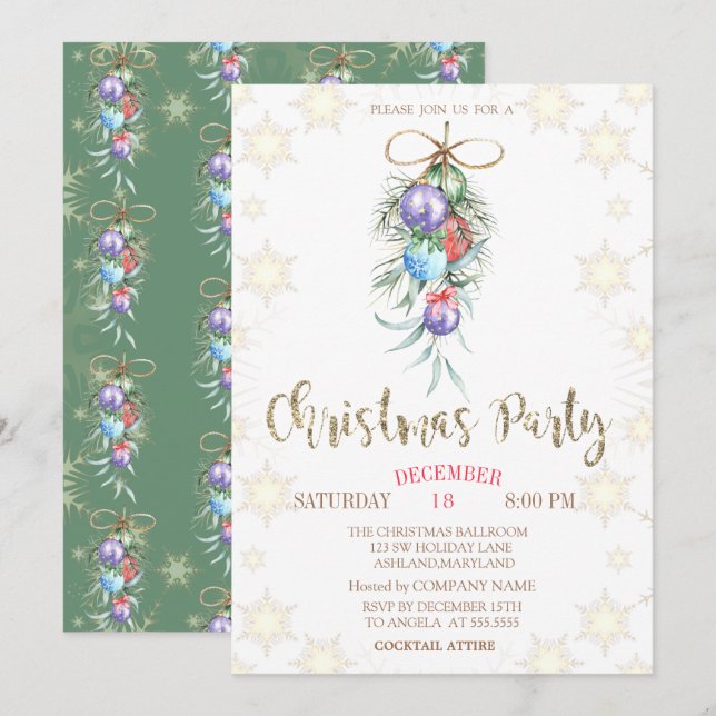 Invitación de fiesta de bolas de Navidad en acuare (Anverso / Reverso)