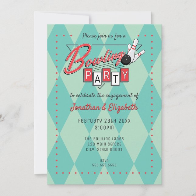 Invitación de fiesta de bolos con logo retro (Anverso)