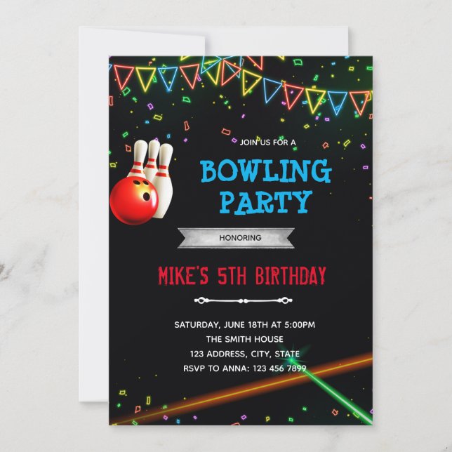 invitación de fiesta de bolos en arcade de neón (Anverso)