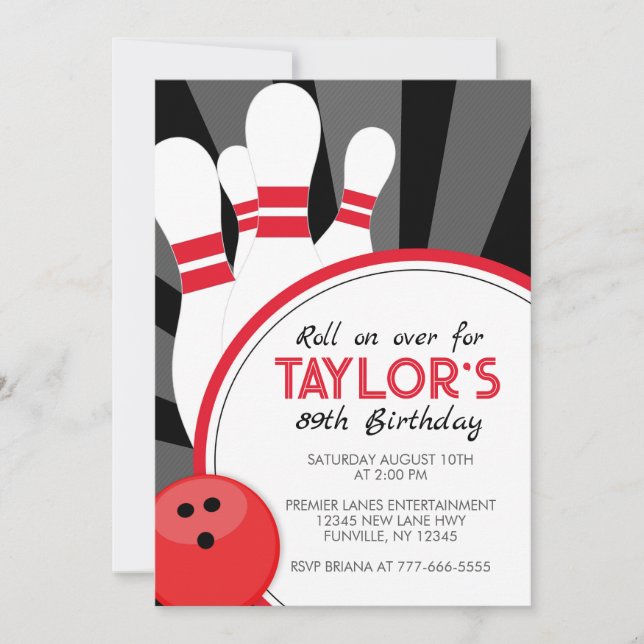 Invitación de fiesta de bolos Roll on Over (Anverso)