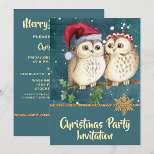 Invitación de fiesta de búhos de Navidad azul turq