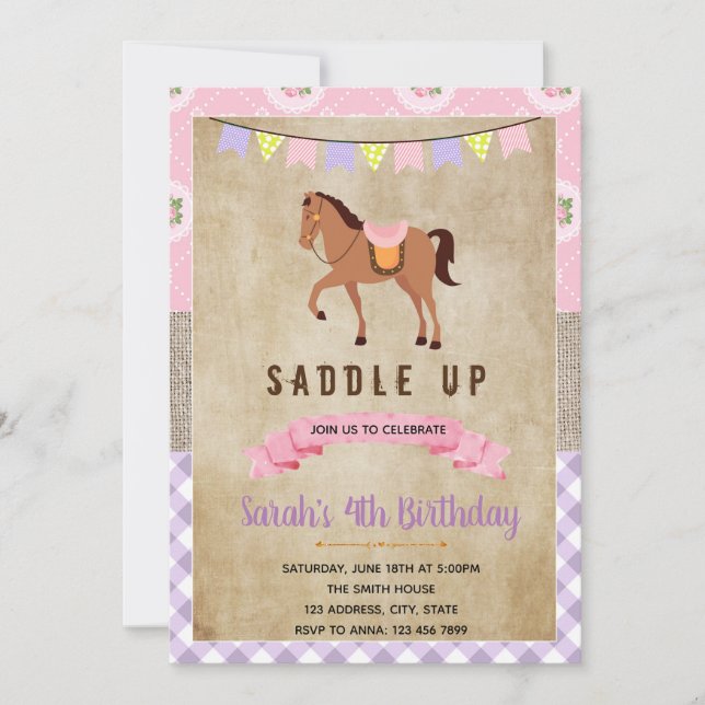Invitación de fiesta de caballo rosa shabby chic (Anverso)