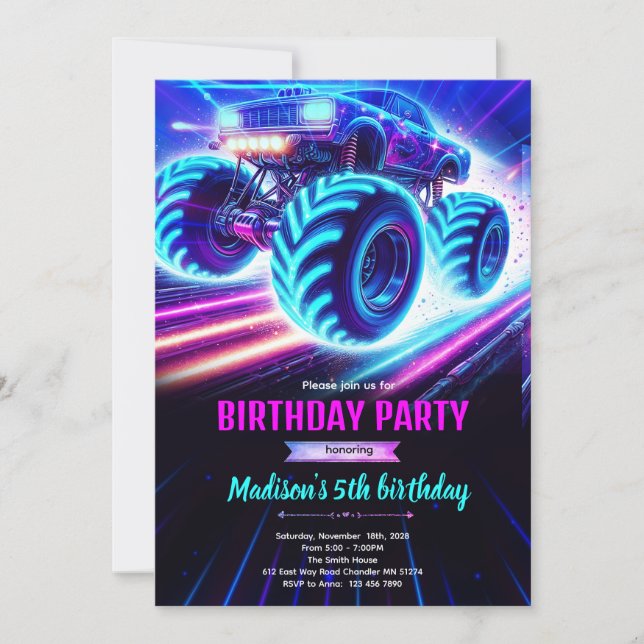 invitación de fiesta de camión monstruo de brillo  (Anverso)