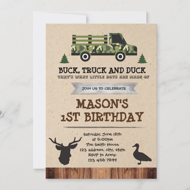 invitación de fiesta de camiones y patos Bucks (Anverso)