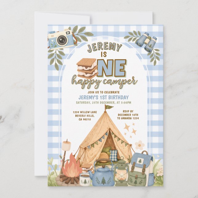 Invitación de fiesta de campamento de Blue S'mores (Anverso)
