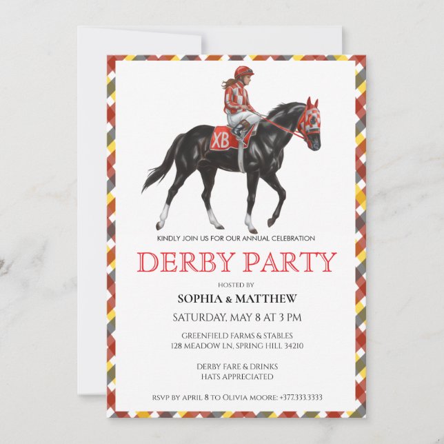 Invitación de fiesta de carreras de caballos Derby (Anverso)