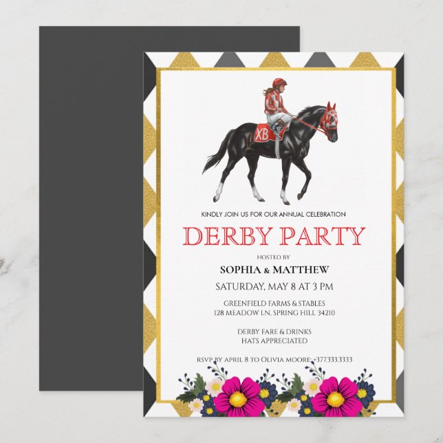 Invitación de fiesta de carreras de caballos Derby (Anverso / Reverso)