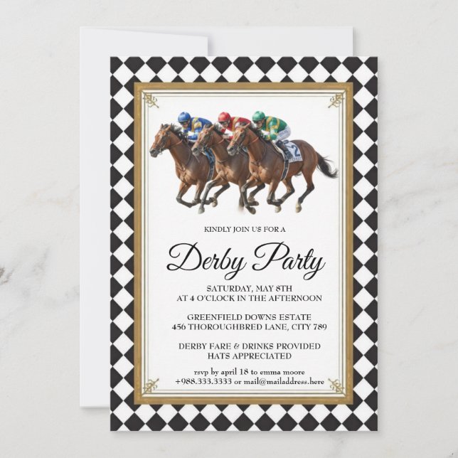 Invitación de fiesta de carreras de caballos Derby (Anverso)