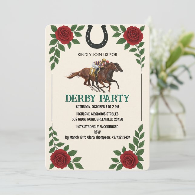 Invitación de fiesta de carreras de caballos Derby (Anverso de pie)