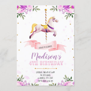 invitación de fiesta de carrusel de flores púrpura