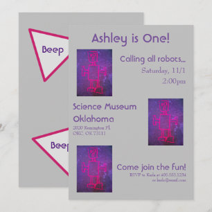 Invitación de fiesta de ciencia de robot rosa y pú