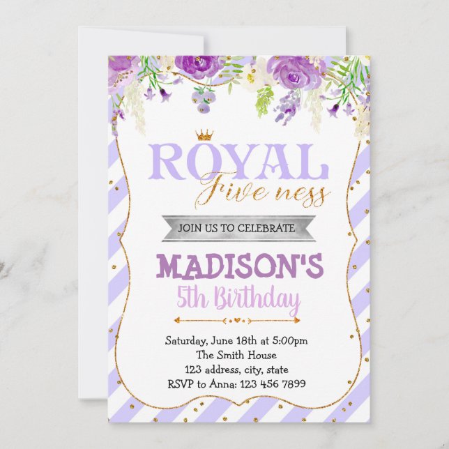 invitación de fiesta de cinco cumpleaños real púrp (Anverso)