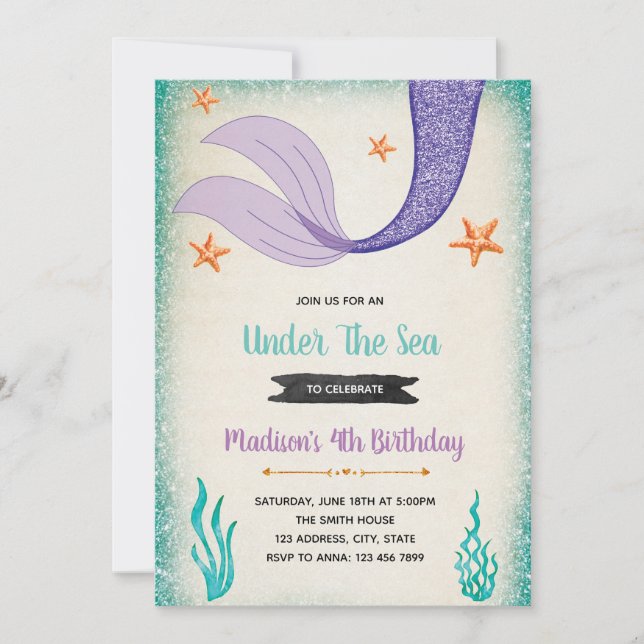 invitación de fiesta de cola de sirena (Anverso)