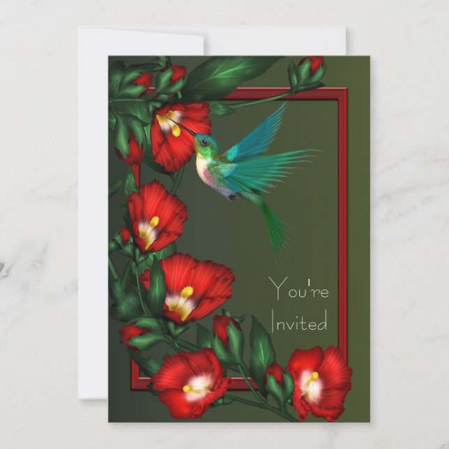 Invitación de fiesta de colibrí de hibisco rojo (Anverso)