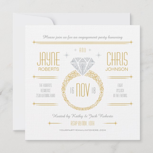 Invitación de fiesta de compromiso con anillo de o (Anverso)