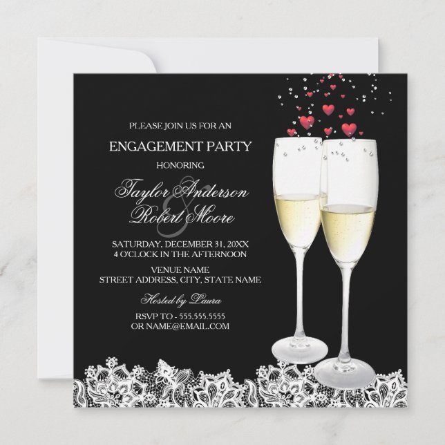 Invitación de fiesta de compromiso con champán y c (Anverso)