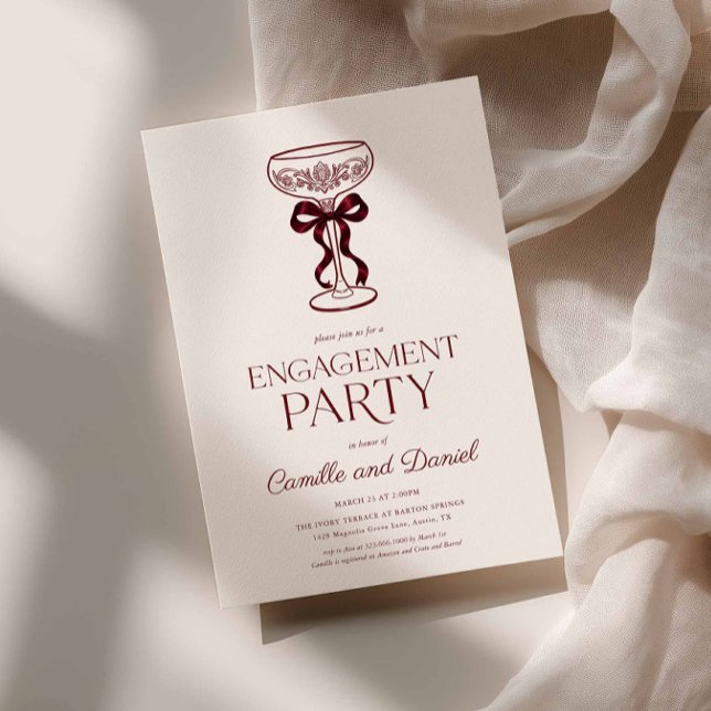 Invitación de fiesta de compromiso con lazos y bur (Burgundy Couples Engagement Party)