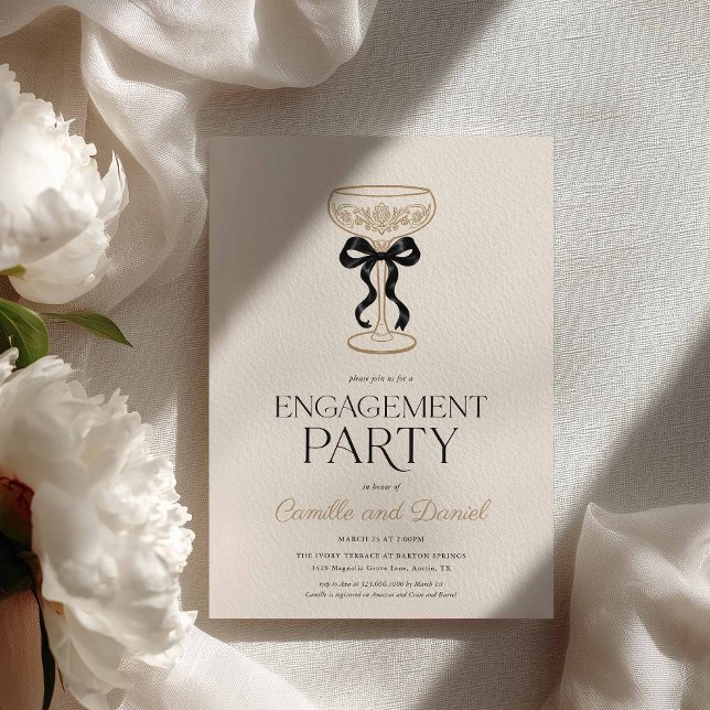 Invitación de fiesta de compromiso con lazos y bur (Elegant Champagne Engagement Party Invitation)