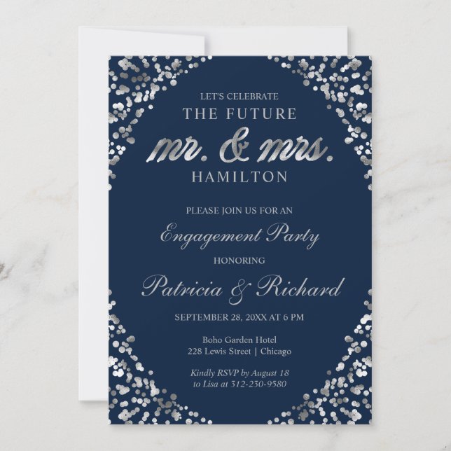 Invitación de fiesta de compromiso Confeti Platead (Anverso)