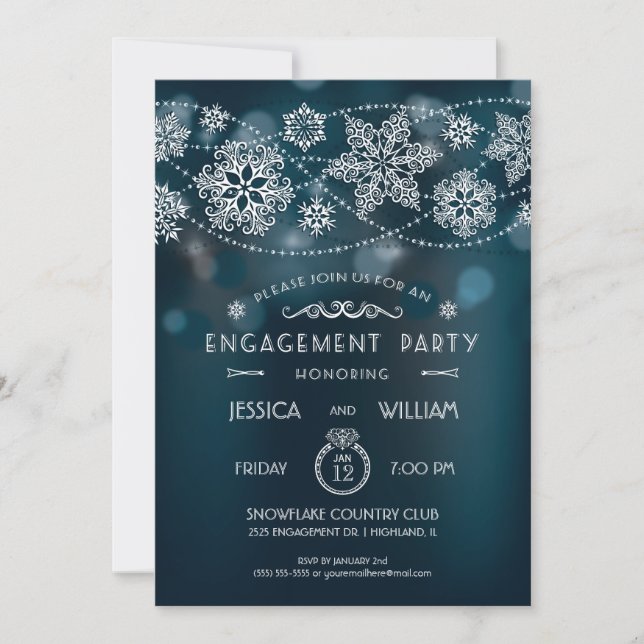 Invitación de fiesta de compromiso de copo de niev (Anverso)