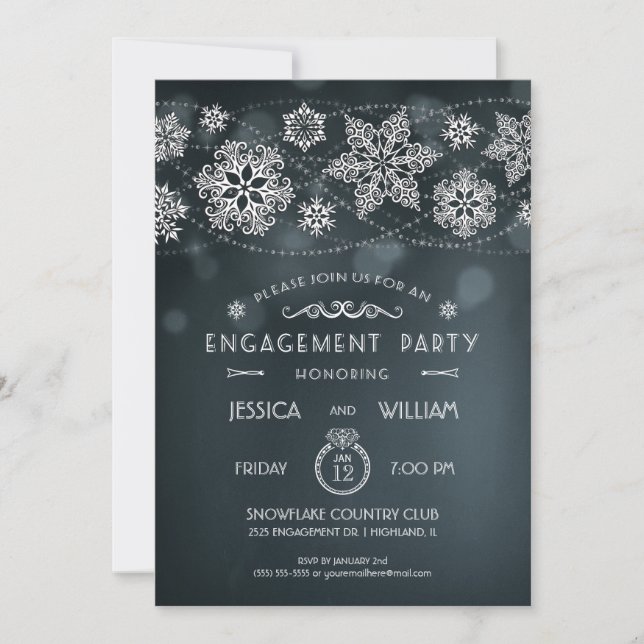Invitación de fiesta de compromiso de copo de niev (Anverso)