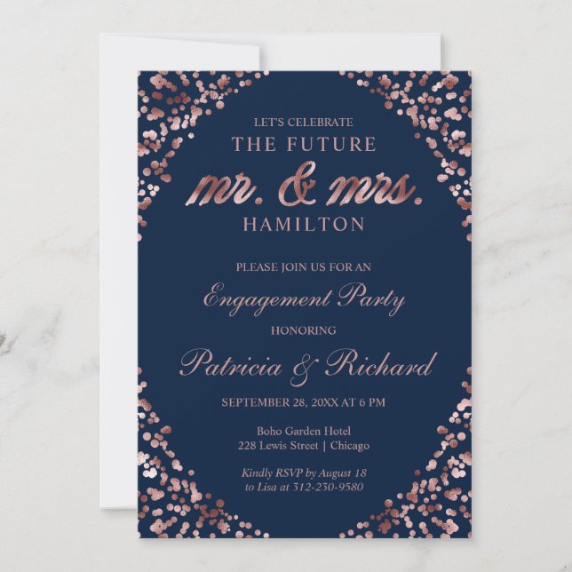 Invitación de fiesta de compromiso de Rosa Azul Do (Anverso)
