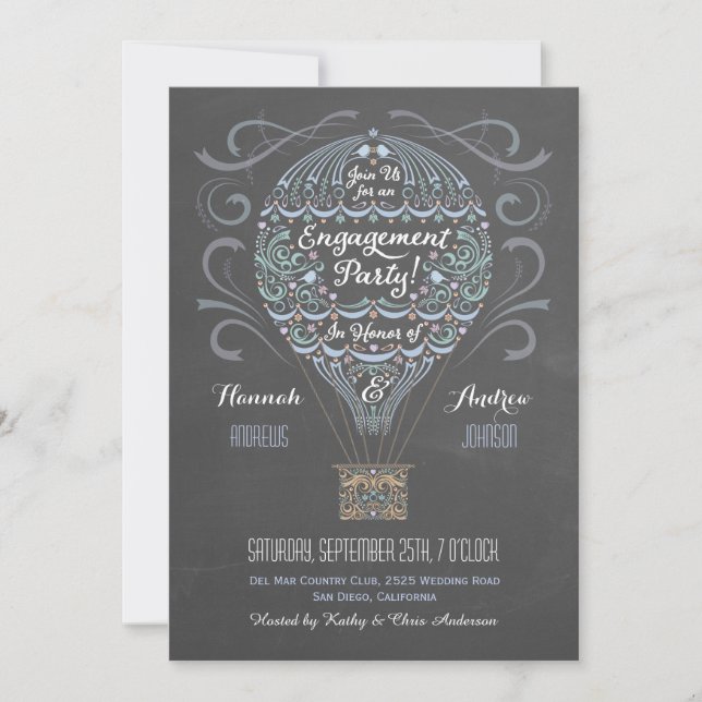 Invitación de fiesta de compromiso en globo aerost (Anverso)