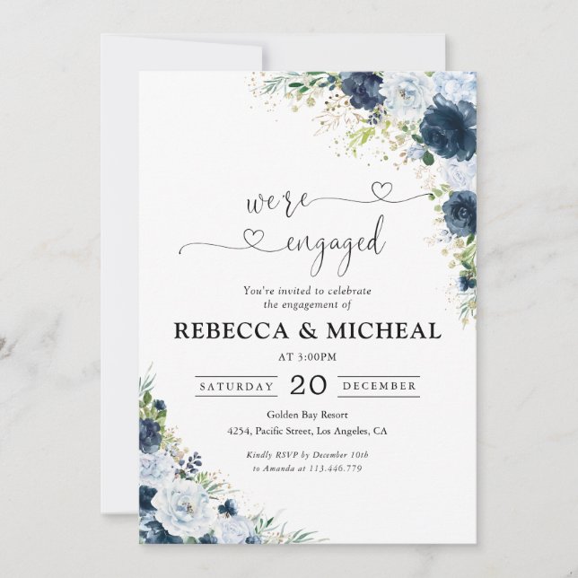 Invitación de fiesta de compromiso floral azul mar (Anverso)