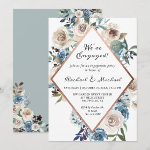 Invitación de fiesta de compromiso floral azul pol