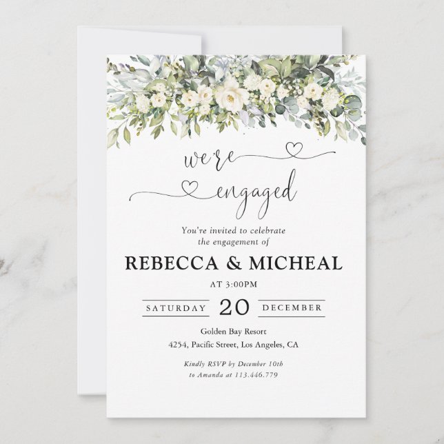 Invitación de fiesta de compromiso floral blanca (Anverso)