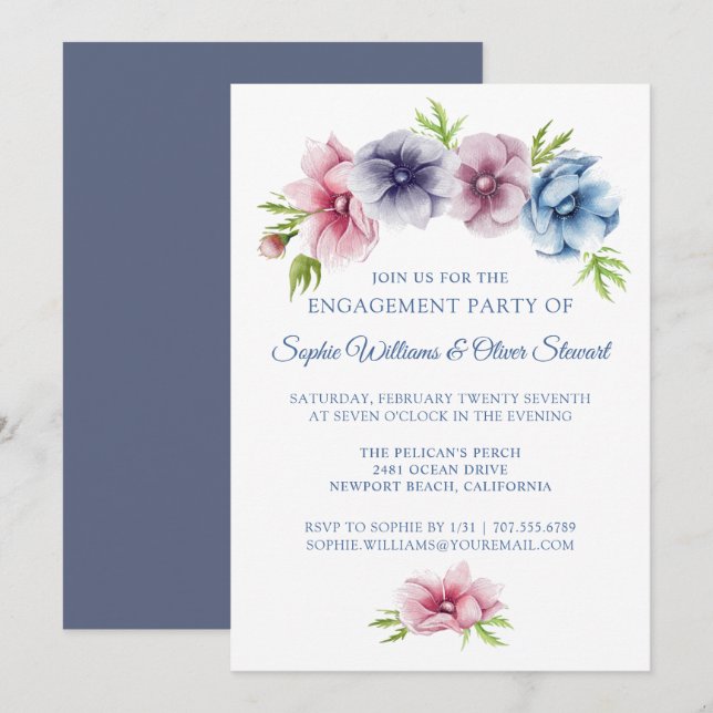 Invitación de fiesta de compromiso floral de Anemo (Anverso / Reverso)