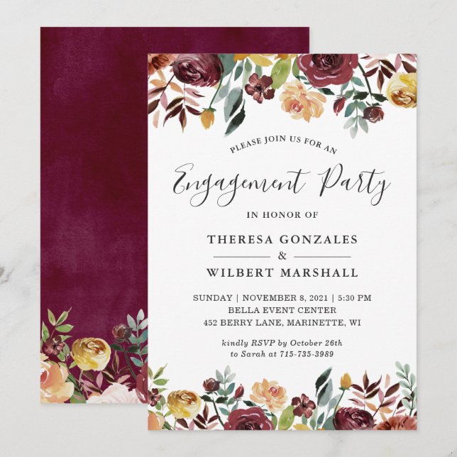 Invitación de fiesta de compromiso floral de otoño (Anverso / Reverso)