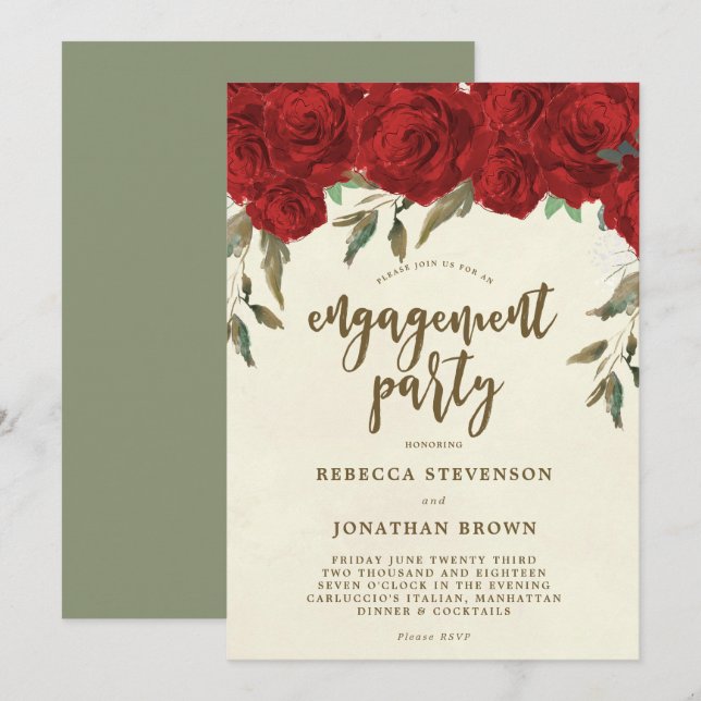 invitación de fiesta de compromiso floral de rosas (Anverso / Reverso)