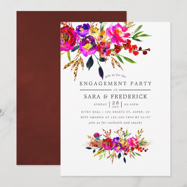 Invitación de fiesta de compromiso floral en acuar (Anverso / Reverso)
