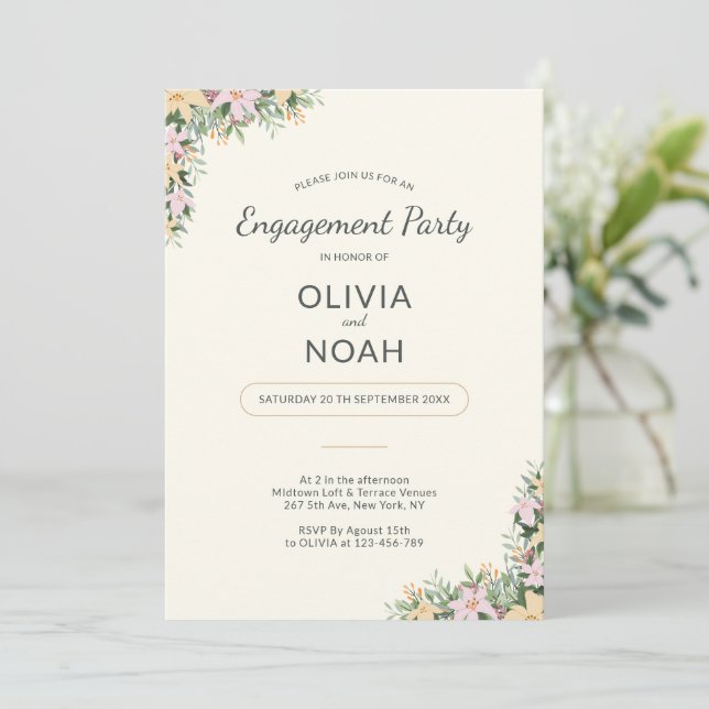 Invitación de fiesta de compromiso floral romántic (Anverso de pie)