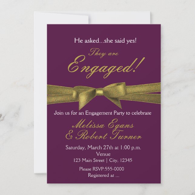 Invitación de fiesta de compromiso morado y oro (Anverso)