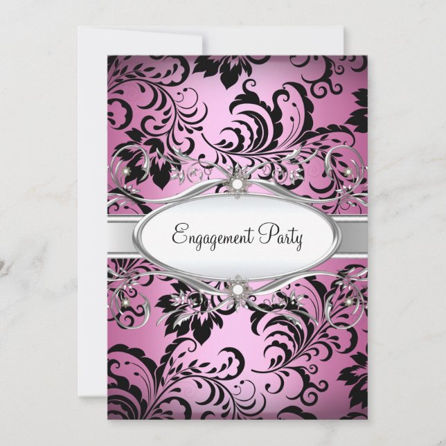 Invitación de fiesta de compromiso Pink Silver Flo (Anverso)