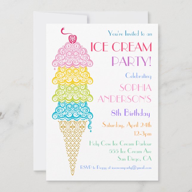 Invitación de fiesta de cono de helado colorido (Anverso)