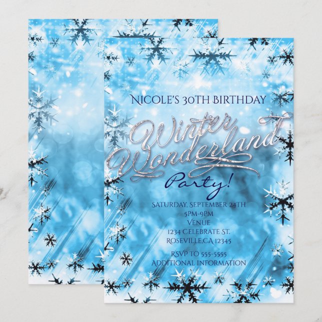Invitación de fiesta de copos de nieve azules del  (Anverso / Reverso)