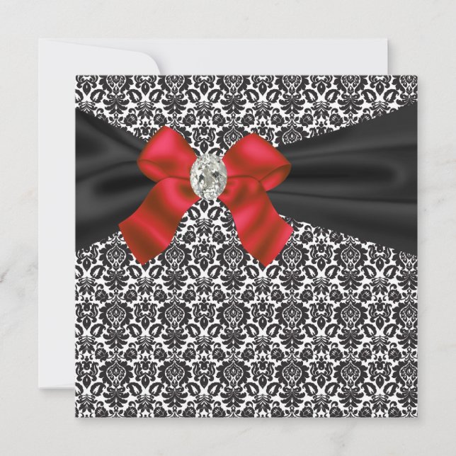 Invitación de Fiesta de Corbata Negra Rojo Damask  (Anverso)