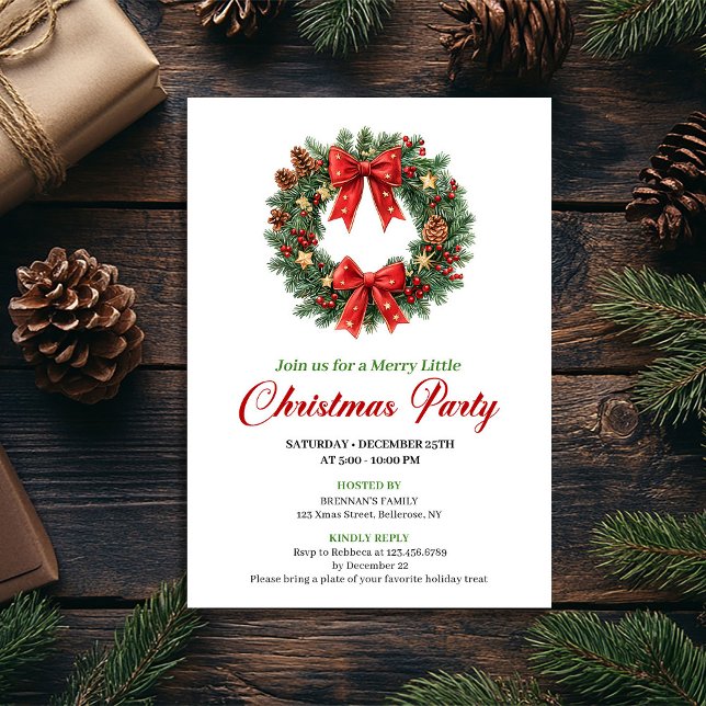 Invitación de fiesta de corona de Navidad clásica  (Modern Classic Christmas Wreath Party Invitation)