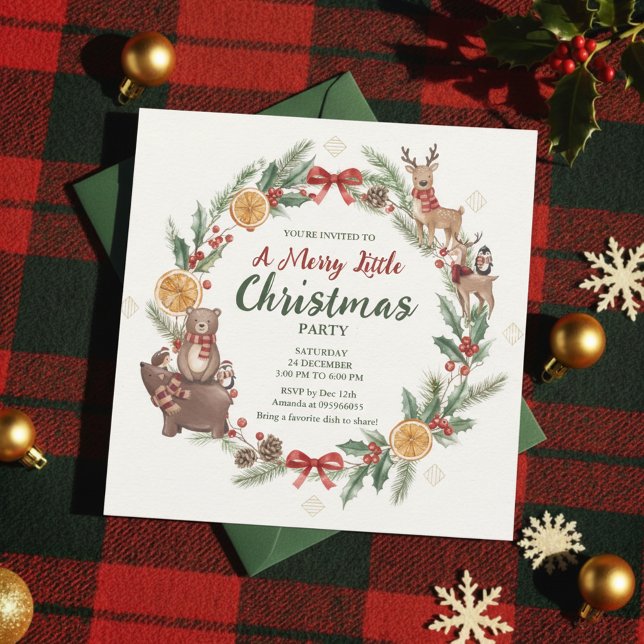 Invitación de fiesta de corona de Navidad del bosq (Whimsical Holiday)