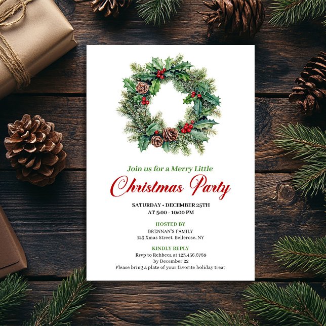 Invitación de fiesta de corona de Navidad en acuar (Elegant Watercolor Christmas Wreath Party Invite)