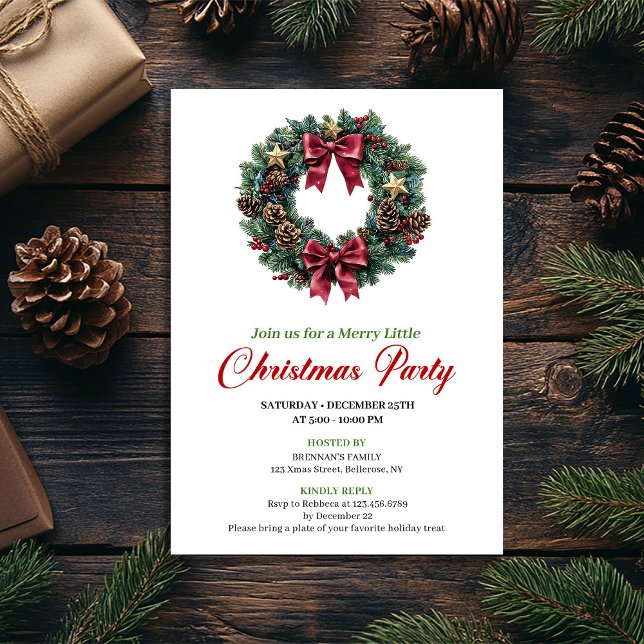 Invitación de fiesta de corona de Navidad minimali (Minimalist Christmas Wreath Party Invitation)